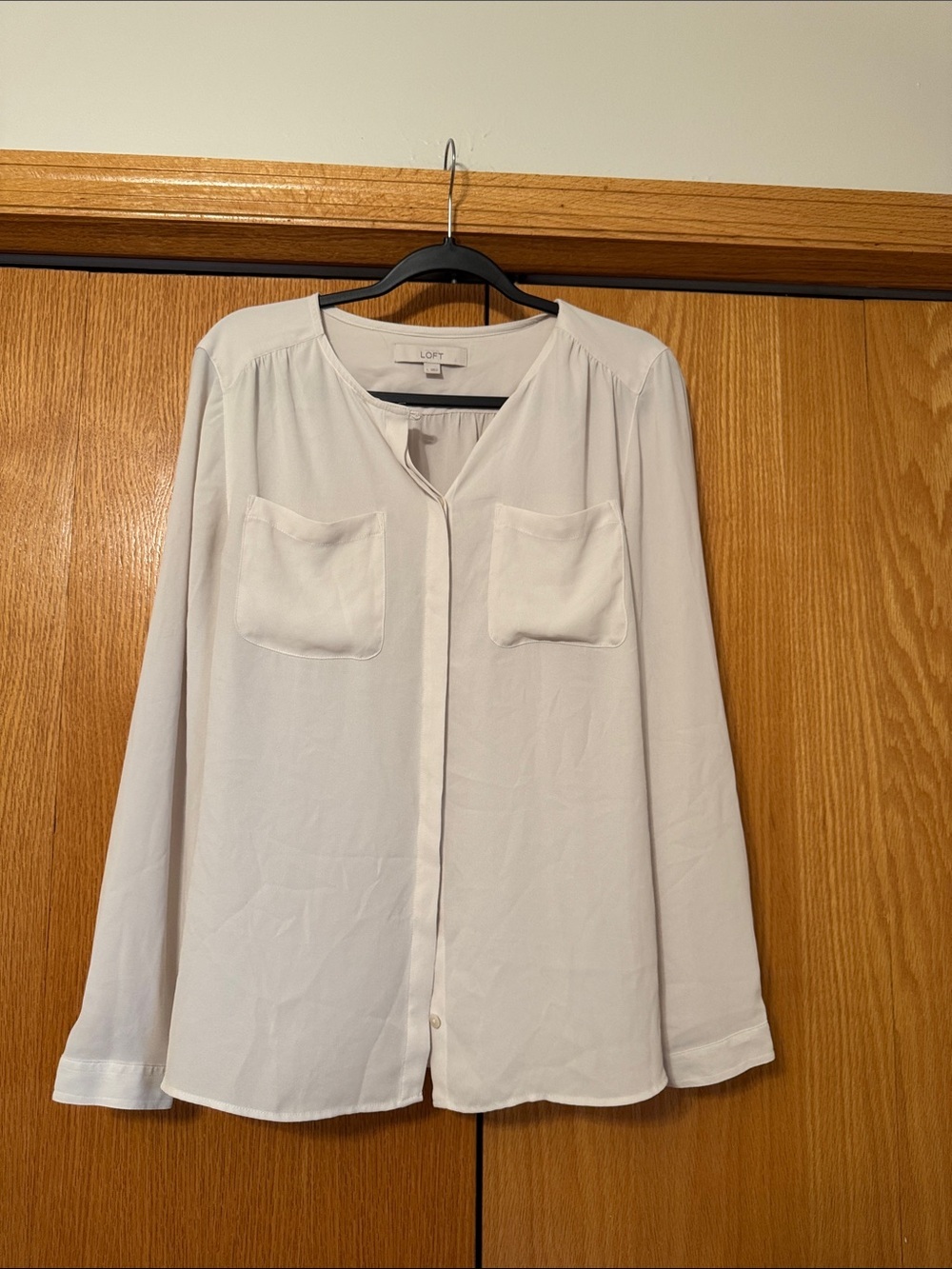 LOFT Women's Cream Button-Front Pocket Blouse
